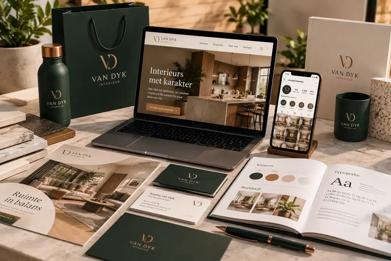 Huisstijl met logo, kleuren en lettertypes op een moodboard
