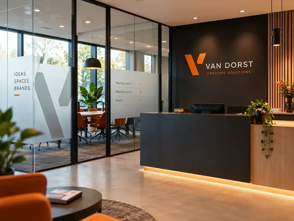 Beletterde etalage van een bedrijfspand