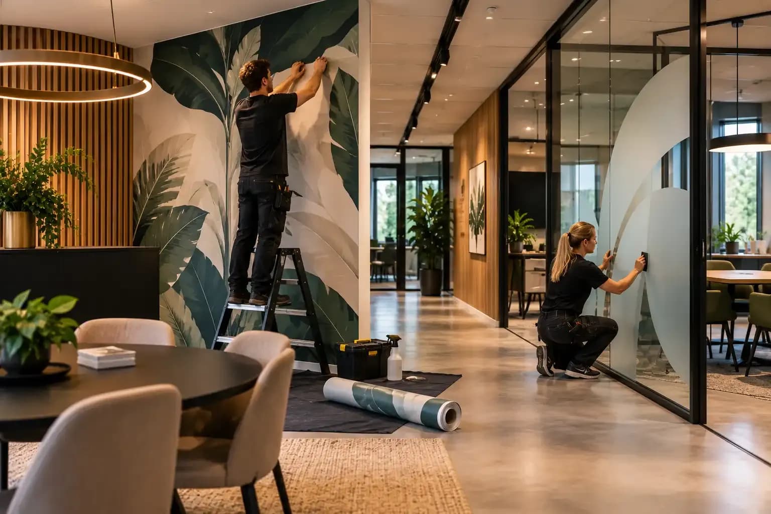 Kantoor met raamfolie, behang en bewegwijzering in huisstijl