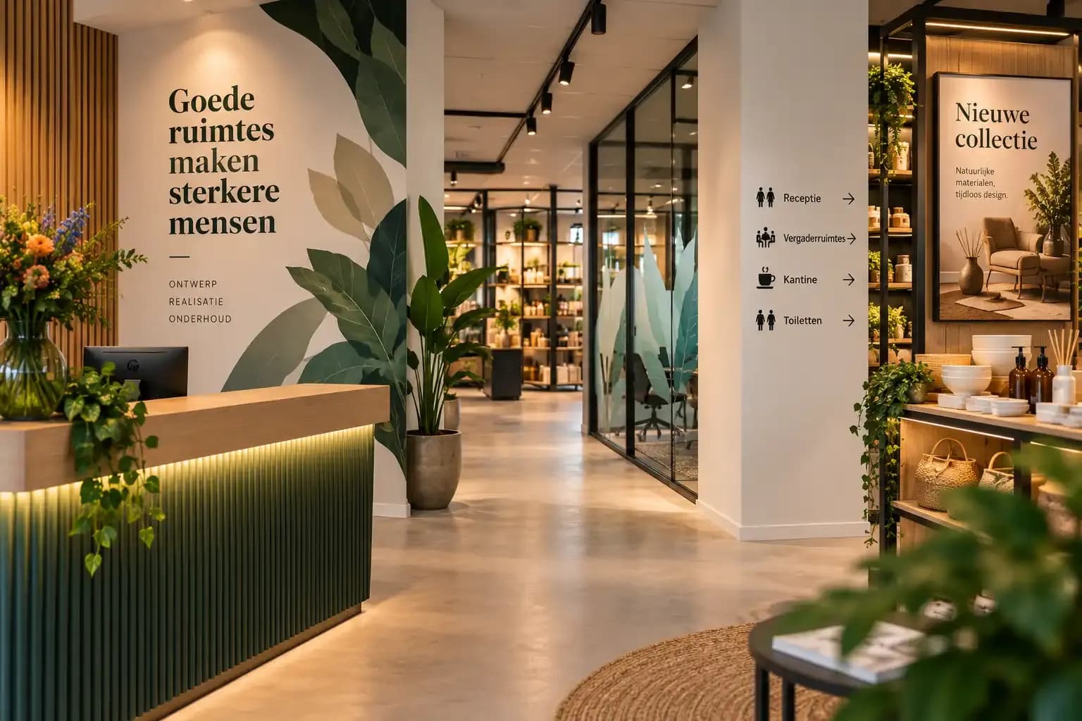 Winkelinterieur met posters en bewegwijzering