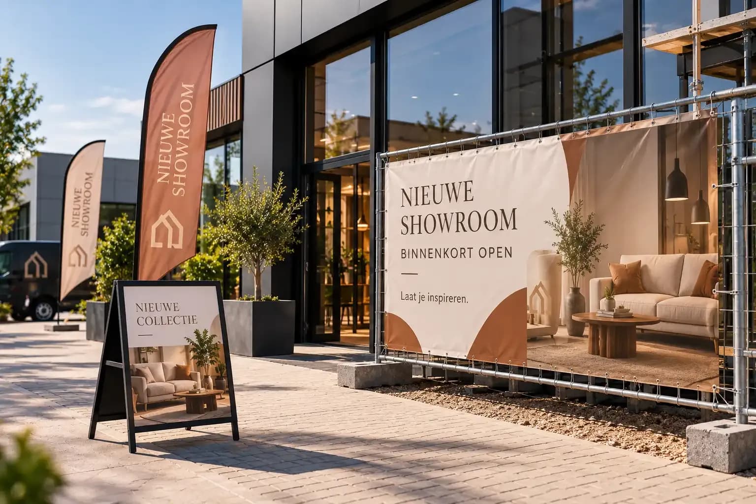 Spandoek aan een bouwhek bij een opening