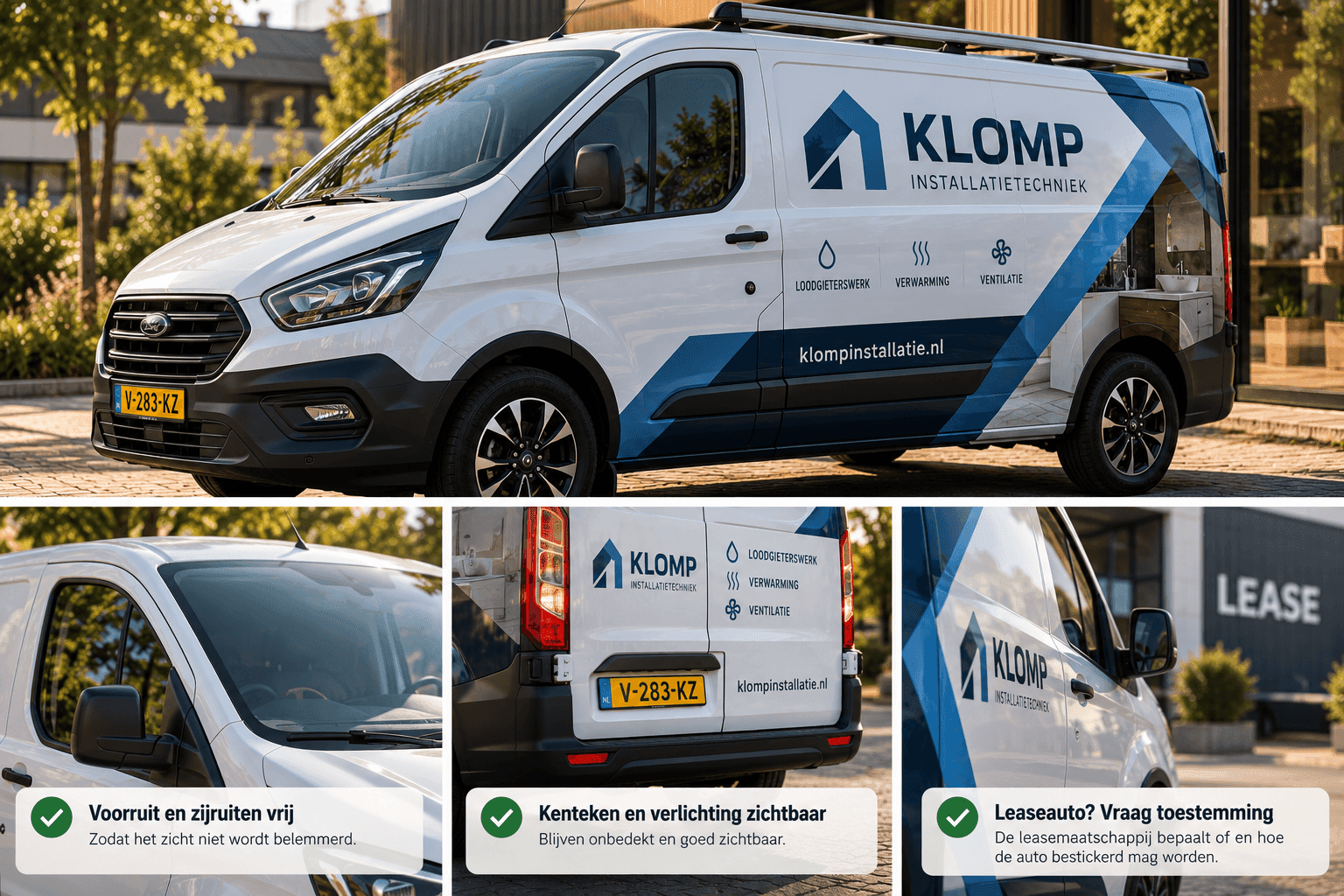 Bestickerde auto met vrije voorruit en zichtbaar kenteken