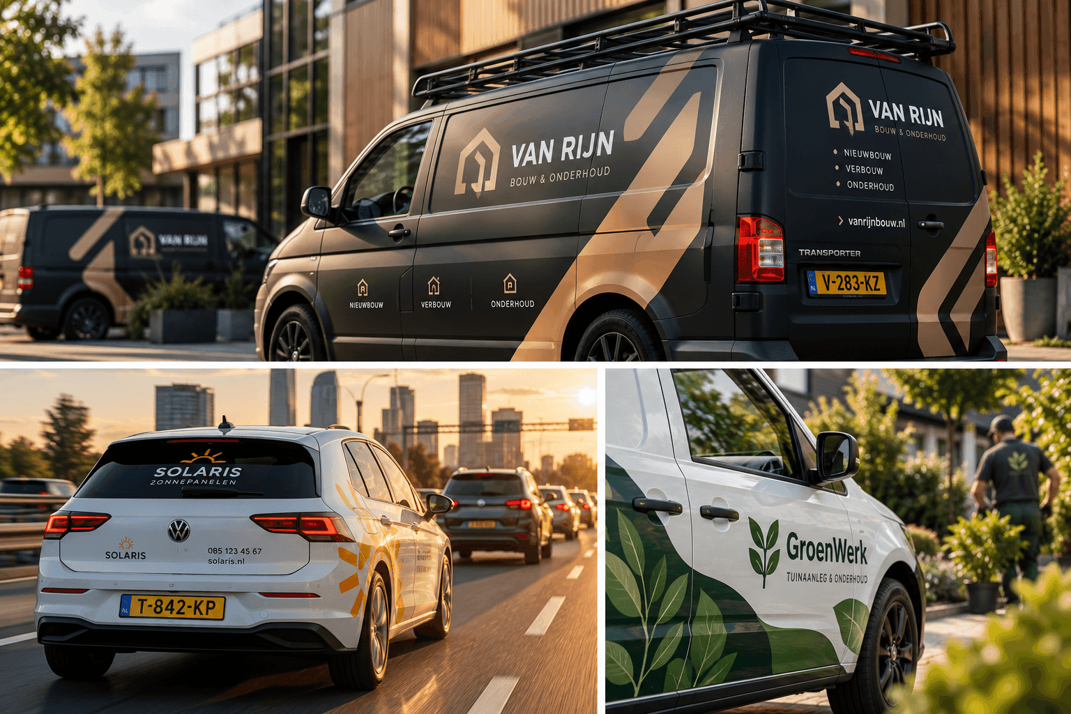 Bestickerde bedrijfsbus in het verkeer